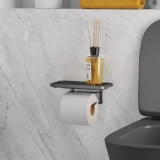 Tualetes papīra ruļļu turētājs ar plauktu ORGIN-UFIX, 22x11x8cm, melns, Metaltex