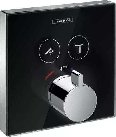 Hansgrohe ShowerSelect iebūv.termostata virsapm daļa, ar 2 izejām, melns stikls/hrom HG15738600 xx