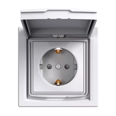 Asfora - single socket outlet with side earth - 16A lid, shutters IP44 whit
