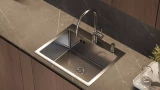 Steel kitchen sink WISENT, 50x50cm, satin, soap dispenser, siphon, WGS35050