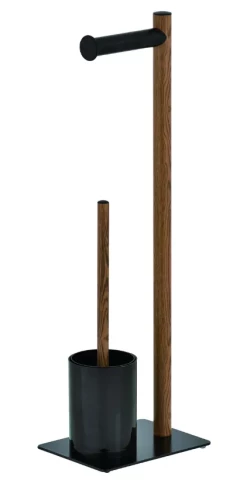 Toilet paper holder + brush WOOD, metal-wood/black, Duschy 599-63