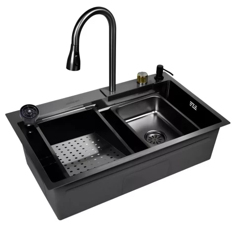 Multifunctional kitchen sink WISENT, graphite 75x46cm, PVD, soap dispenser, siphon