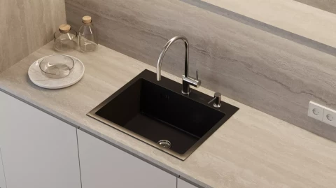 Steel kitchen sink WISENT, 58x48cm, graphite, soap dispenser, siphon