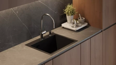 Steel kitchen sink WISENT, 50x44cm, graphite, soap dispenser, siphon