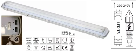 Hermētisks korpuss LED PS 2xT8 120cm IP65 T8