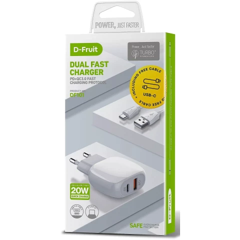 Lādētājs 30W USB-A + USB-C + kabelis 1m 30W D-Fruit DF101