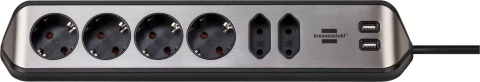 Pagarinātājs ar zemējumu 6 kontaktligzdas (4+2) + 2 USB 2m Brennenstuhl Estilo sudraba stūra