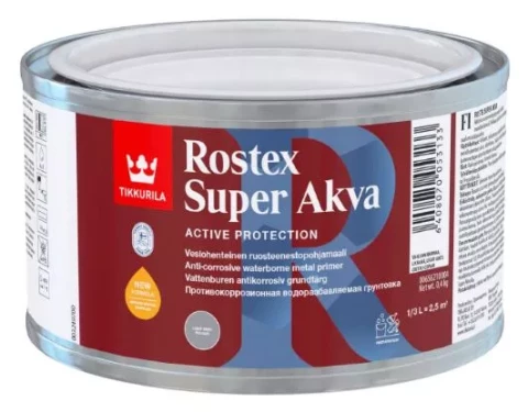 Tikkurila ROSTEX SUPER AKVA 0.3L Gaiši pelēka grunts metālam Ātri žūstoša pretkorozijas gruntskrāsa