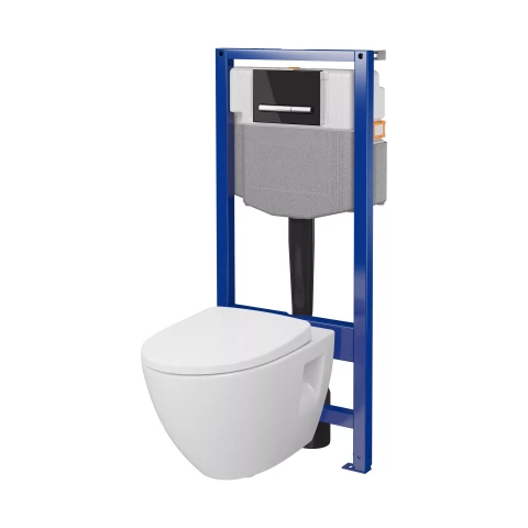 Cersanit concealed WC set – MODUO PLUS, wall-hung toilet with soft-close (SC) seat, black flush button.