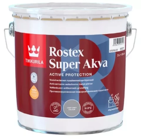Tikkurila ROSTEX SUPER AKVA 3L Tumši pelēka grunts metālam Ātri žūstoša pretkorozijas gruntskrāsa