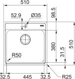 Franke kitchen sink BCX 610-51, 510x510mm with manual valve, polished stainless steel 101.0622.893