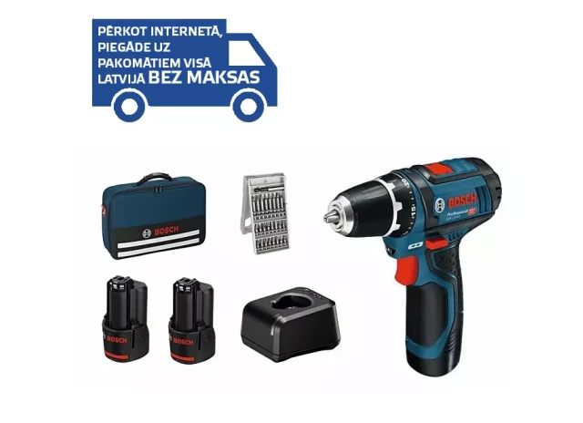 Akum. skrūvgriezis GSR 12V-15, komplektā 2x2.0Ah+ lādētājs+25 uzgaļu komplekts+soma BOSCH 060186810H