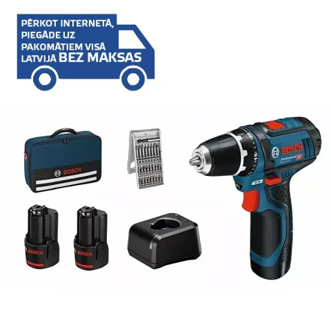Akum. skrūvgriezis GSR 12V-15, komplektā 2x2.0Ah+ lādētājs+25 uzgaļu komplekts+soma BOSCH 060186810H
