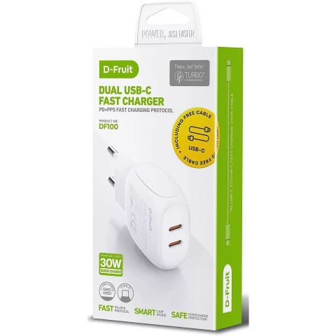 Lādētājs 30W 2xUSB-C + kabelis 1m USB-C 30W D-Fruit DF100