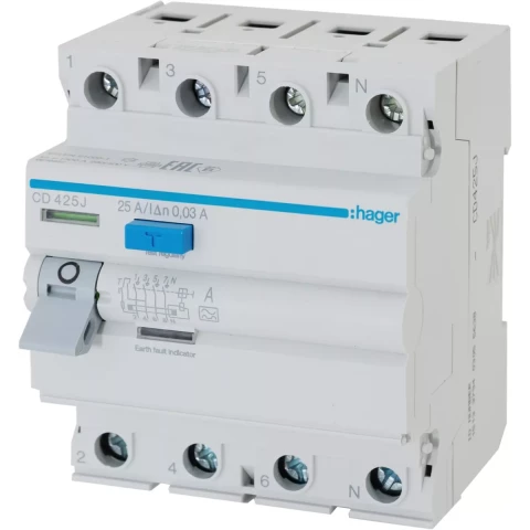 Noplūdes strāvas automāts HAGER 4P 25A 30mA A tips 6kA CD425J