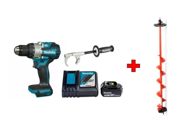 Akum. urbjmašīna 18V 70Nm MAKITA DDF489Z, 1x5.0AH, lādētājs, rokturis + Ledus urbis Asseri 130mm