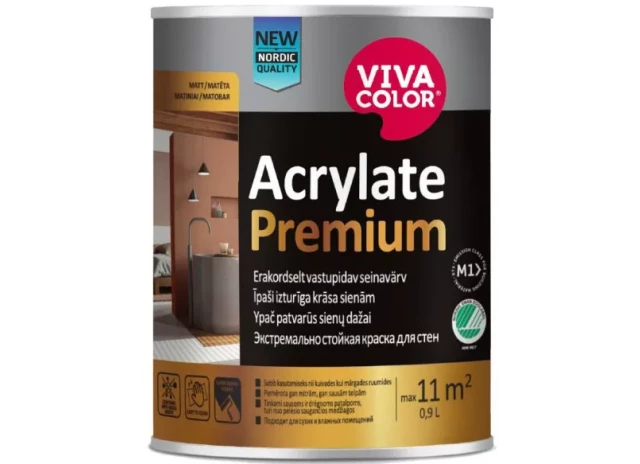 Vivacolor Acrylate Premium A 0,9L Īpaši izturīga matēta krāsa sienām ar pretpelējuma piedevu