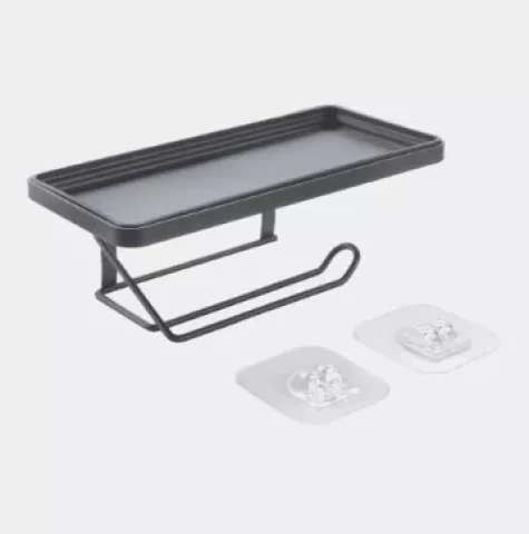 Tualetes papīra ruļļu turētājs ar plauktu ORGIN-UFIX, 22x11x8cm, melns, Metaltex