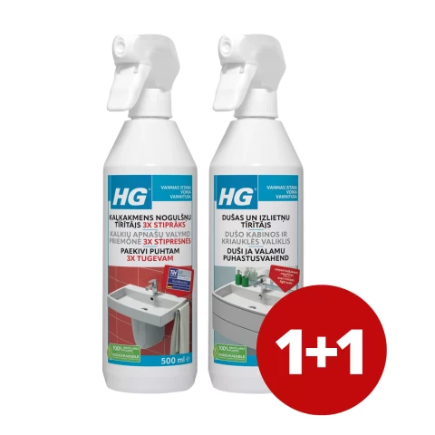 HG Средство для очистки от накипи - в 3 раза сильнее, 0,5 л + HG Средство для душа и раковины, 0,5 л