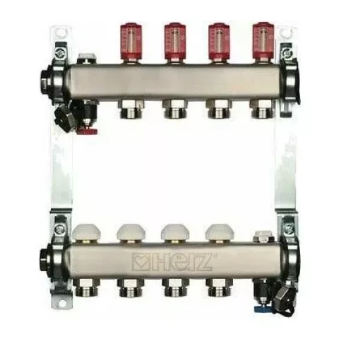 HERZ underfloor heating manifold 3l/min-TS, 3-way 1'' i.v. x G3/4'' with flow meter, stainless steel