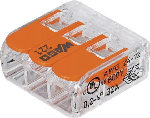 Universālās savienojuma klemmes WAGO 3 -vadu 32A/450V 0.2-4mm2 50gab. 221-413