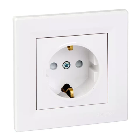 Asfora - single socket outlet with side earth, shutters, white