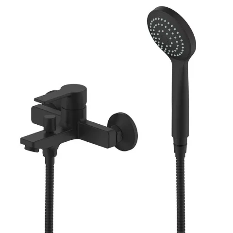 Смеситель для ванны AQUALINE SMART BLACK с длинным изливом 32,5см, душевой набор