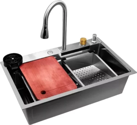 Multifunctional kitchen sink WISENT silver, 75x46cm, soap dispenser, siphon