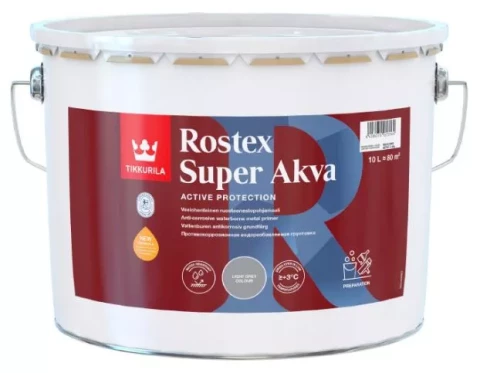 Tikkurila ROSTEX SUPER AKVA 10L Gaiši pelēka grunts metālam Ātri žūstoša pretkorozijas gruntskrāsa