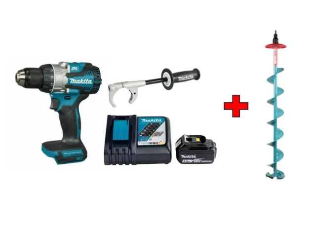 Akum. urbjmašīna 18V MAKITA DDF489Z, 1x5.0AH, lādētājs, rokturis+Ledus urbis Rapala 155mm P-81072