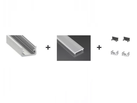 AL ПРОФИЛЬ для LED ленты 1м встроенный серебряный анод + заглушки + крепления + диффузор прозрачный