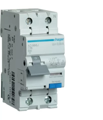 Kombinētais automāts HAGER 2P C 16A 30mA A tips 6kA AD966J
