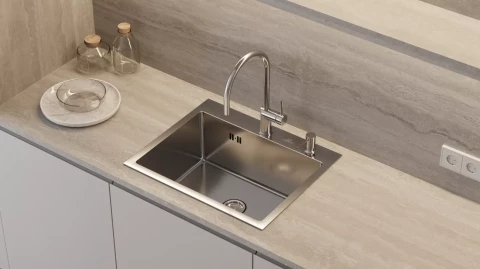 Steel kitchen sink WISENT, 58x48cm, satin, soap dispenser, siphon