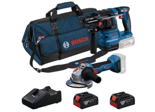 Akum. leņķa slīpmašīna GWS 18V-8 + Perforators GBH 18V-22, 2x4.0AH + lādētājs Bosch 0615V0003C