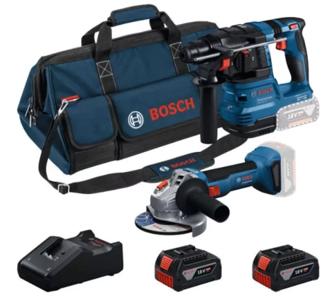 Akum. leņķa slīpmašīna GWS 18V-8 + Perforators GBH 18V-22, 2x4.0AH + lādētājs Bosch 0615V0003C