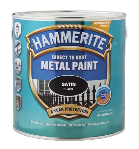 Hammerite SATIN Finish 750ml Melna krāsa metālam pusmatēta gluda virsma