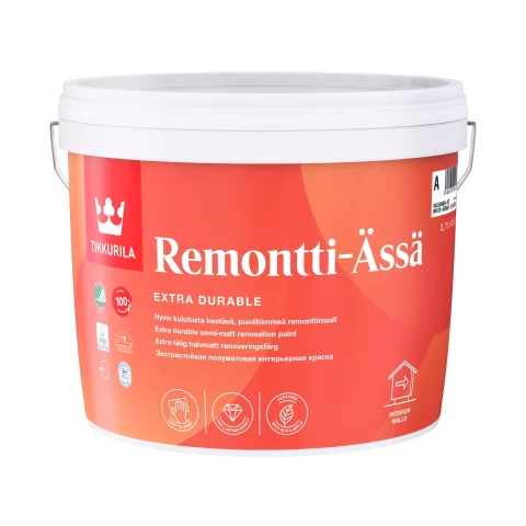 Tikkurila REMONTTI-ÄSSÄ A 2.7L Pusmatēta akrilāta krāsa Sienām un griestiem, šķīdinātājus nesaturoša