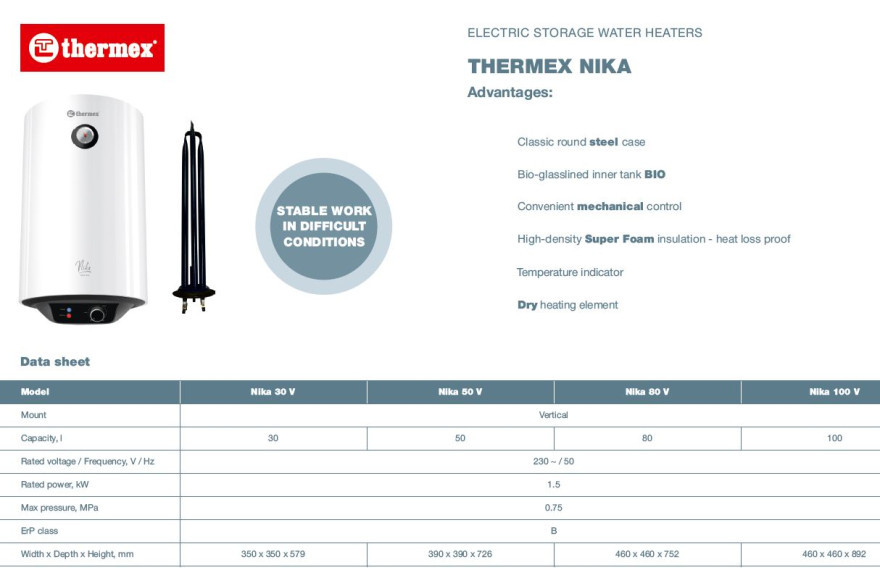Elektriskais ūdens sildītājs THERMEX NIKA 80L Sausais sildelements 1.5kW (2x0.75)